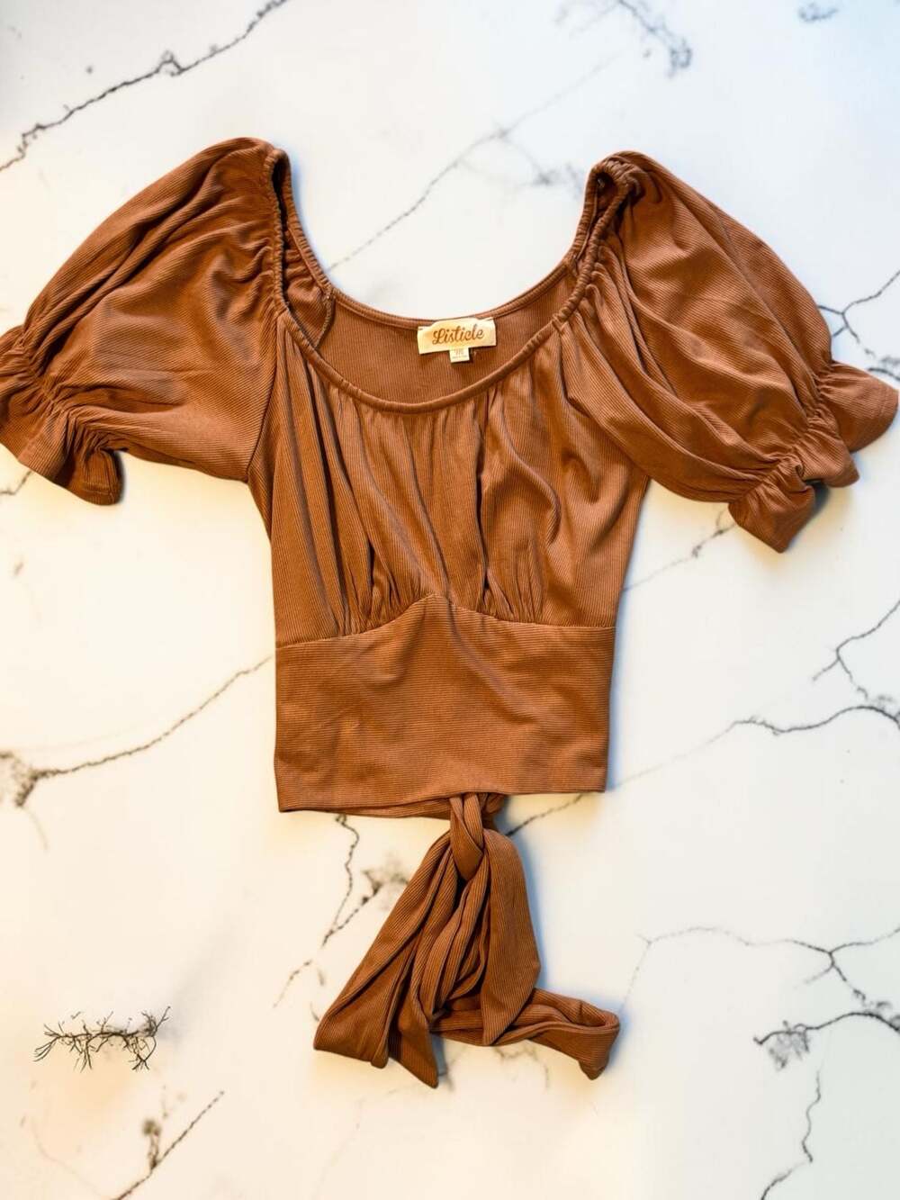 Listicle Brown Ribbed Knit Short Puff Sleeve Crop Top with Tie Back Size M